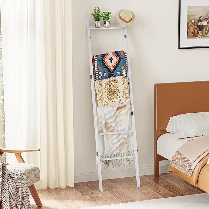 BAMBANG 6-Tier Blanket Ladder for Living Room, Blanket Quilt Ladder Rack Rustic Decorative Towel Holder, Wall Leaning Blanket Ladder Shelf Storage Farmhouse Decor for Bedroom Bathroom, White