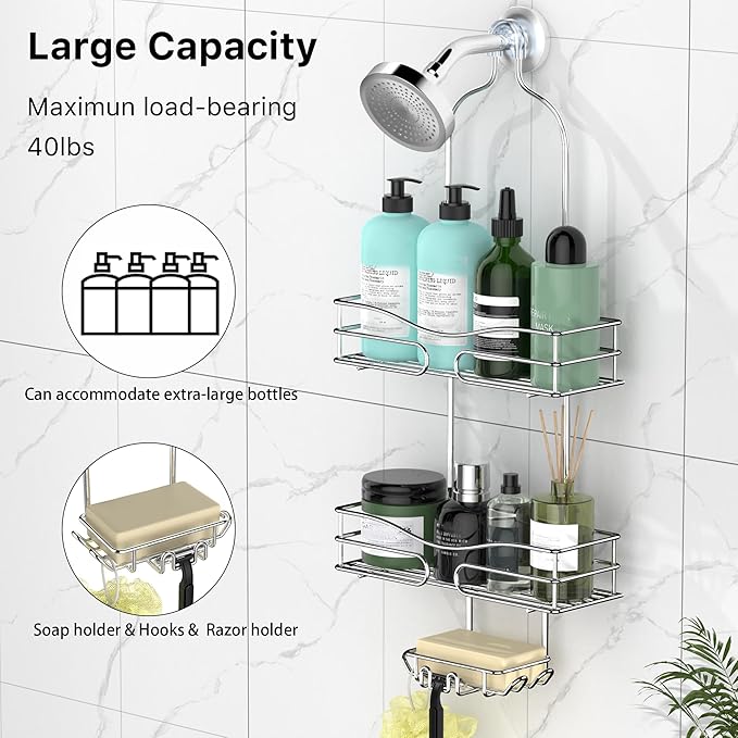 Shower Caddy - Organizer with 6 Hooks, Soap Basket & Self-Adhesive Pad, Silver