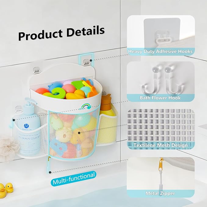 Hanging Bath Toy Storage - Large Opening Quick Dry Mesh Bath Toy Holder with 2 Side Pockets and Bottom Zipper, Space-Saving Bath Toy Organizer for Kids Bathtubs - White