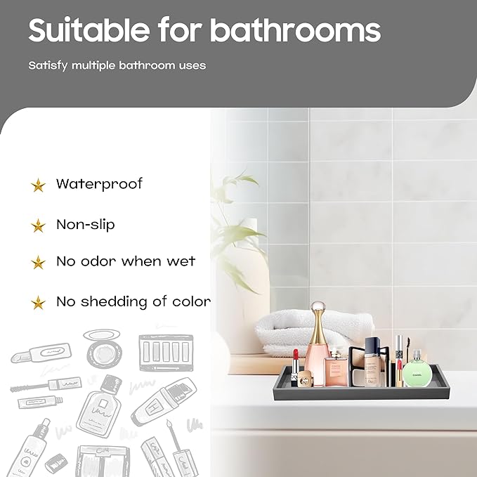 Vanity and Bathroom Tray, 11.8" ABS Countertop Organizer,Waterproof Vanity Tray for Toilet Tank,Perfume,Soap,Keys,Bathroom Accessories,Kitchen and Bath Trays,Non Slip Small Trays,Black,2 Pack