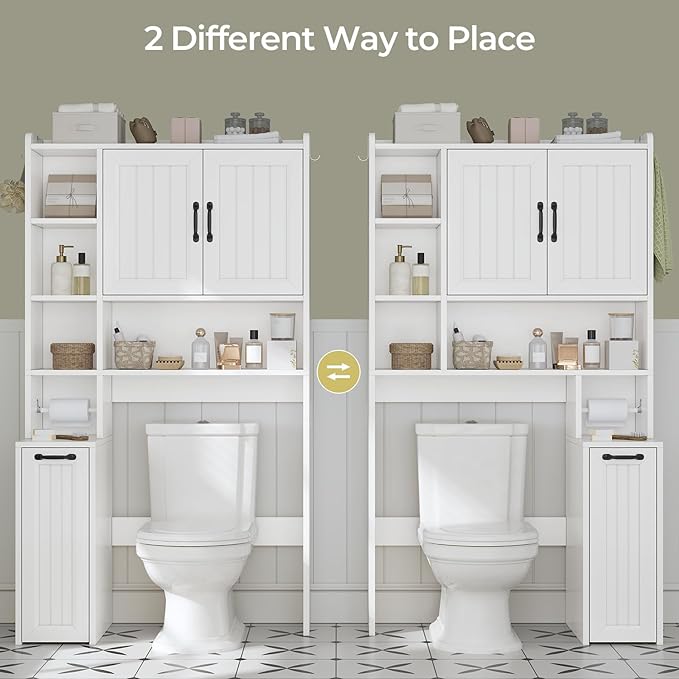 Over The Toilet Storage Cabinet with Pulley Small Bathroom Storage Cabinet, Space Saver W/Adjustable Shelf & Open Shelf for Bathroom, Restroom, Laundry (White-Type A)