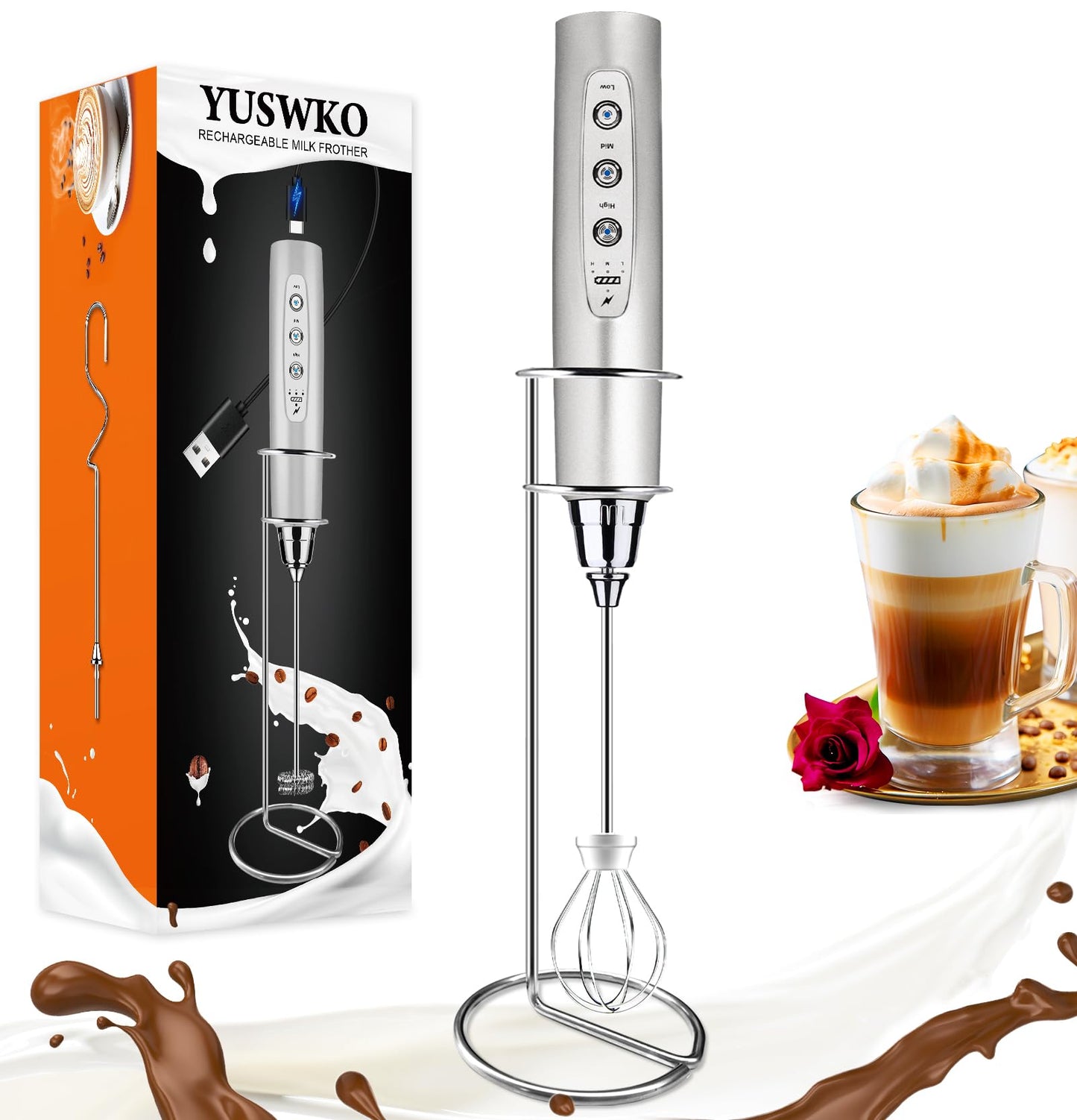 YUSWKO Handheld Milk Frother Wand for Coffee, Rechargeable Electric Whisk with 3 Heads 3 Speeds Drink Mixer Coffee Frother For Latte, Cappuccino, Hot Chocolate, Egg, Beige