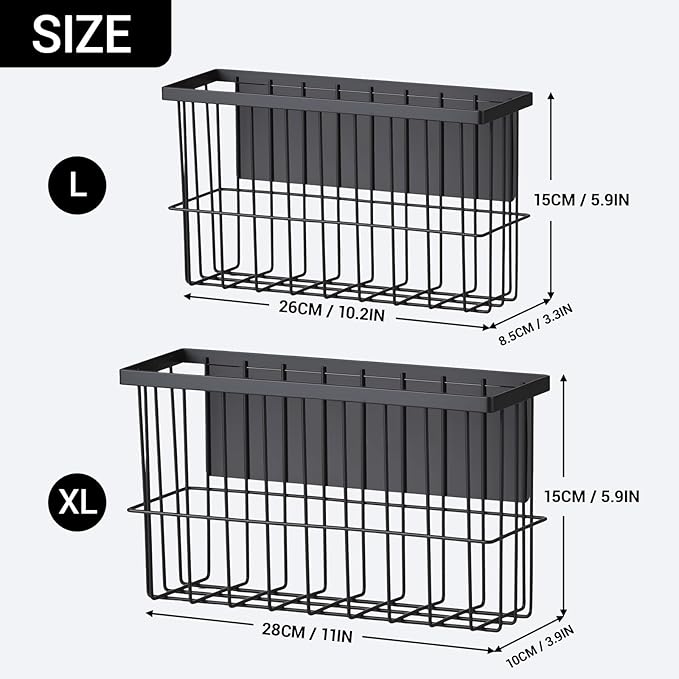 2 Pcs Magnetic Basket Fridge Dryer Ball Holder for Laundry Room Organization and Storage, Magnetic Lint Bin Home Organization for Laundry Room, Kitchen & Office Class School (Black, L&XL-2pcs)