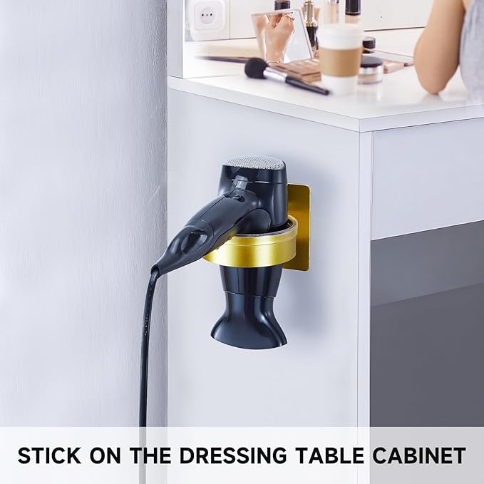 Hair Dryer Holder Wall Mounted, Blow Dryer Holder, Hair Tool Organizer for Hair Dryer Storage Hanger, Adhesive Hairdryer Holder for Bathroom Barber Shop (Gold)