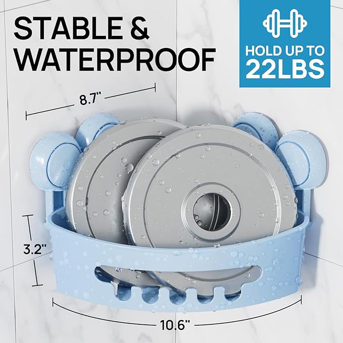 LEVERLOC Corner Shower Caddy Suction Cup, Shower Caddy Basket Powerful Suction Bathroom, Waterproof & Rustproof Organizer for Bathroom Storage, No-Drilling Removable (Blue)