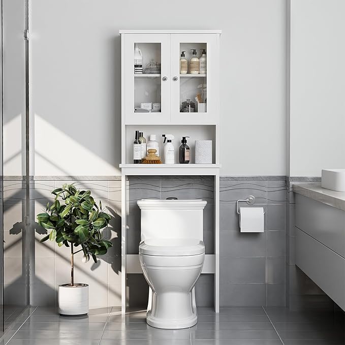 Meilocar Over The Toilet Storage Cabinet for Bathroom, Storage Organizer Over Toilet, Space Saver with Tempered Glass Doors, White