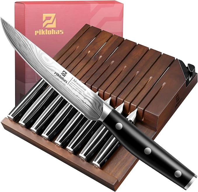 Piklohas Steak Knives Set of 8, 4.6 Inch Non Serrated Dinner Knife, Forged German Steel Damascus Pattern Straight Edge Meat Knife with Full Tang Handle, Dishwasher Safe, Ideal for Gift