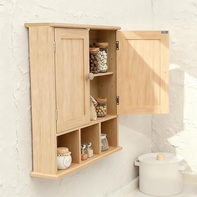 TaoHFE Natural Wooden Color Bathroom Wall Cabinet with 2 Door Adjustable Shelves,Over The Toilet Storage Wall Mounted Medicine Cabinets for Bathroom Laundry Room Kitchen