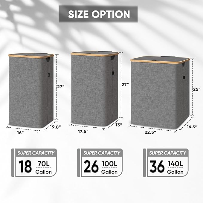 BALEINE Laundry Hamper with Lid, Tall Laundry Baskets with Bamboo Pull Handles, Large Laundry Bin with Internal Support (26Gal/100L, Carbon Black)