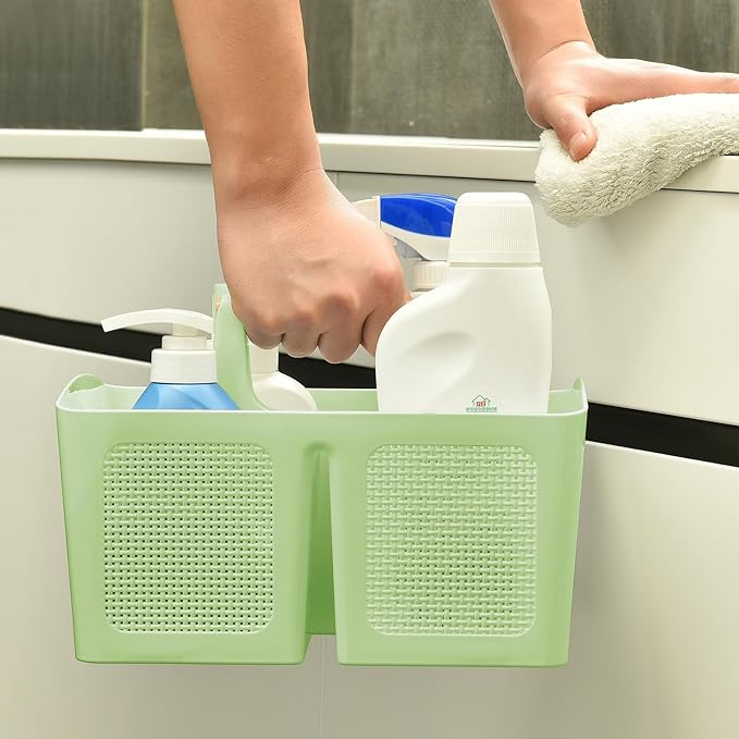 ALINK Portable Shower Caddy Basket with Compartments, Plastic Divided Cleaning Caddy Organizer Storage Tote with Handle for Bathroom, College, Dorm Room Essentials - Green