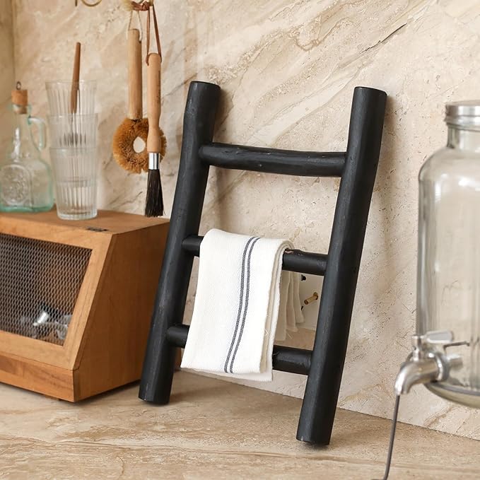 FUIN Fully Assembled Wooden Tea Towel Ladder, Mini Ladder Towel Rack Display Hanger, Small Rustic Farmhouse Tea Towel Stand Holder for Country Bathroom Decor, Black