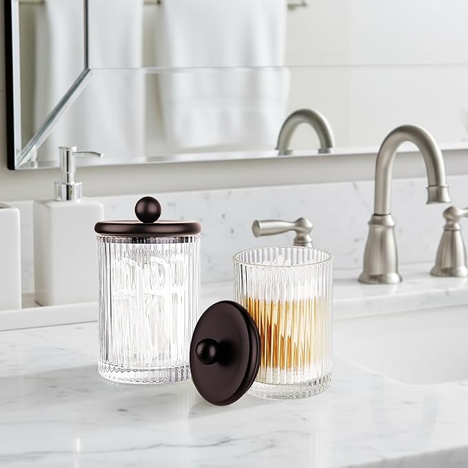 SheeChung 4-Pack Bronze Ribbed Glass Qtip Holder - Apothecary Jars Bathroom Organizer Set with Lids - Vanity Storage Canisters for Cotton Balls, Pads, Swabs, Floss Picks - Modern Farmhouse