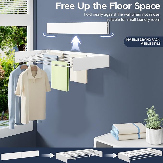 Wall Mounted Foldable Clothes Drying Rack, 32-Inch Wide, 5 Stainless Steel Rods, Space-Saving Laundry Drying Rack with Wall Template, White