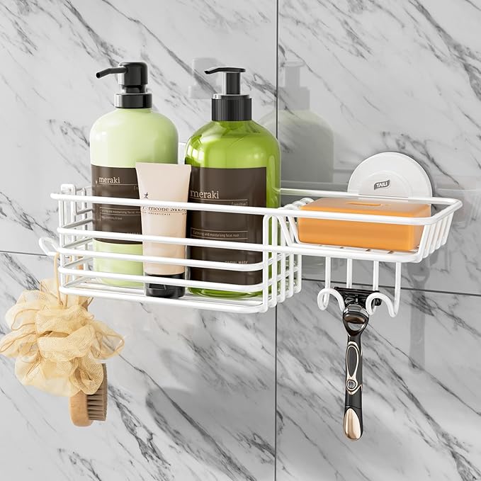 TAILI Shower Caddy Suction Cup with Hooks & Soap Holder, Heavy Duty Bathroom Shower Organizer, No Drilling Shelves for Inside Bathroom, Metal Storage Basket-White