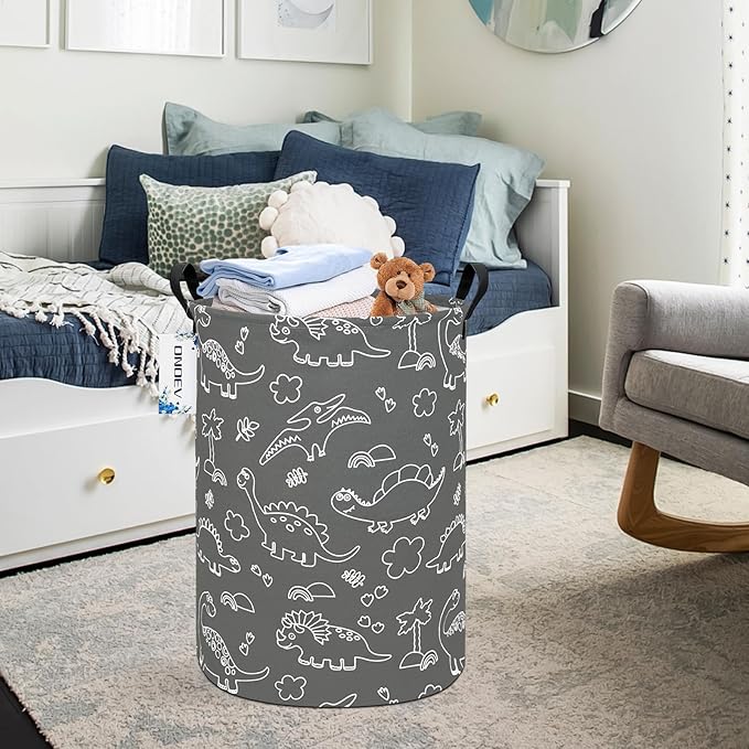 Round Dinosaur Waterproof Laundry Hampers Gift Basket Children's Toy Organizer Bag Room Decoration Basket(Gray Line Dinosaur)