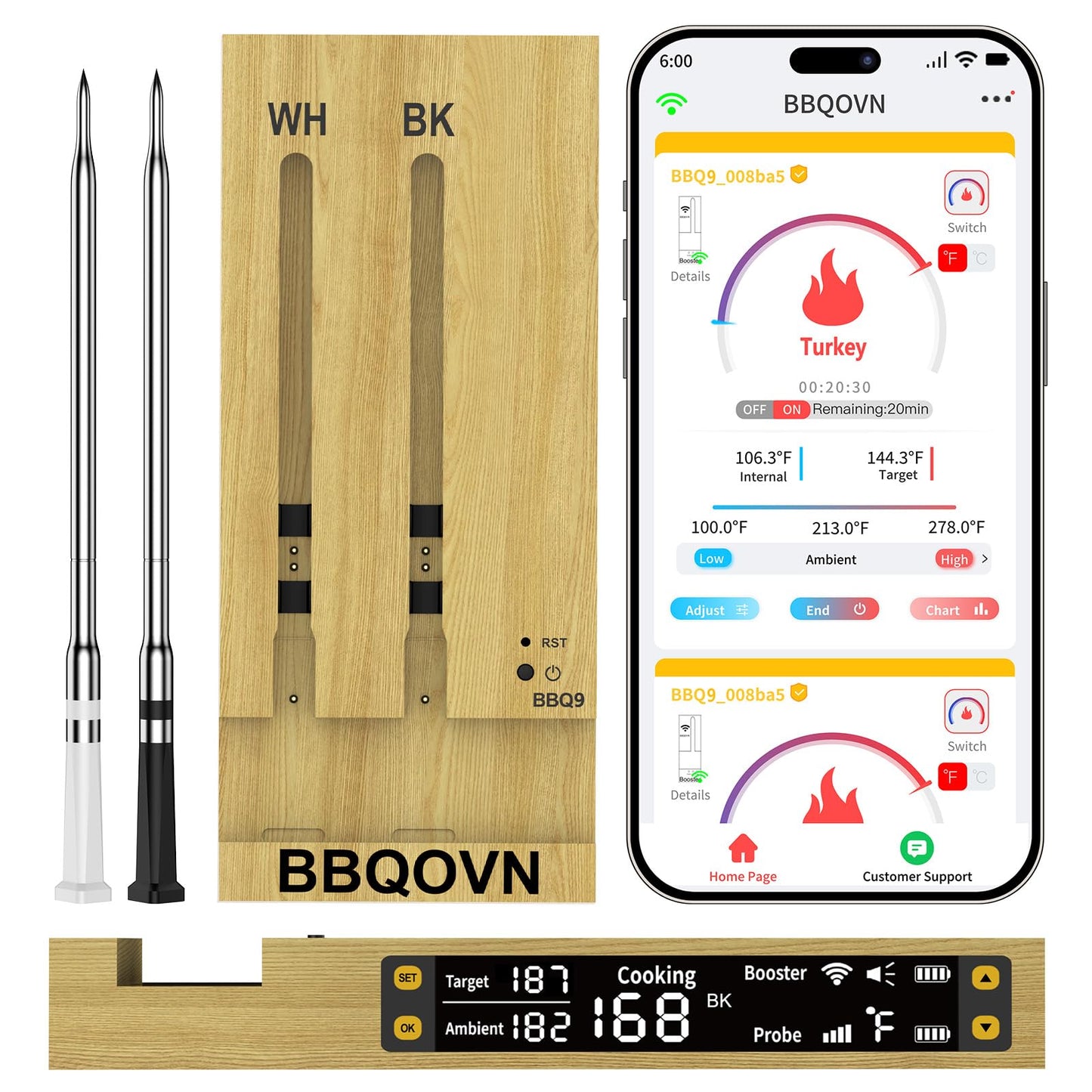 WiFi Sub-1G Wireless Meat Thermometer Unlimited Range 7 NIST Certified Sensors with Ambient Temp 2 Temp Monitoring Ways Digital Smart Base and App for BBQ, Smoker, Grill, Oven