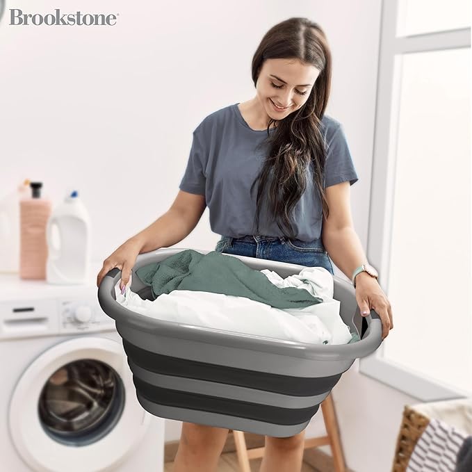 BROOKSTONE Collapsible Laundry Basket Set, Modern Extra Large Collapsible Basket Set, Comfort Non-Slip Grip Handles, Minimalist Space Saving Design, Portable Pop-Up Hamper, BPA FREE, Dark Grey, 2 PACK