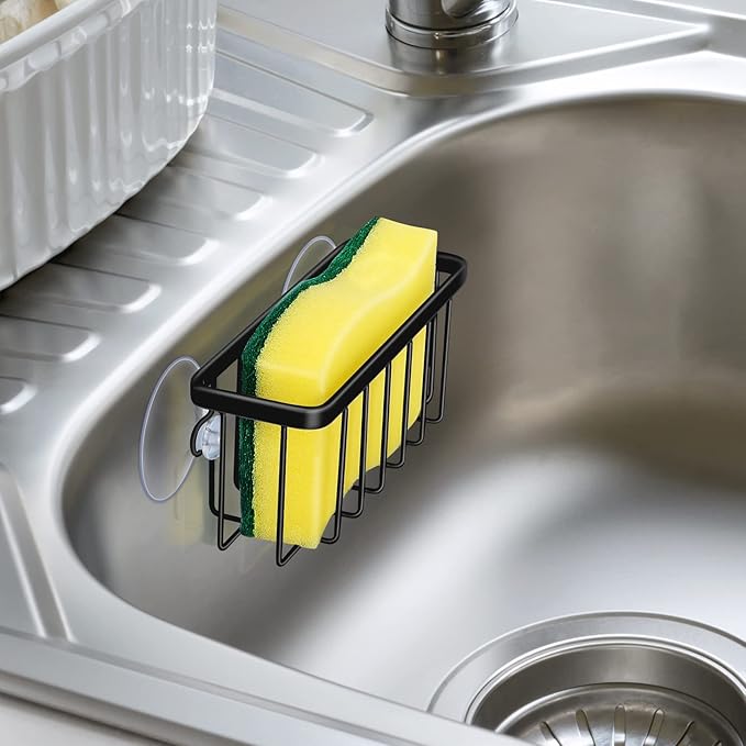Kitchen Sink Sponge Holder, Kitchen Sink Caddy, Sponge Holder for Kitchen Sink Suction, Dish Soap Holder (Black)