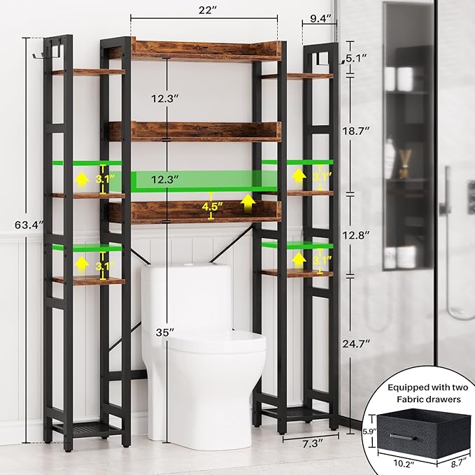 Over The Toilet Storage with 2 Drawers - 11 Tier Bathroom Organizer Freestanding Space Saver Storage Rack with Adjustable Shelf Above Toilet Stand with 4 Hooks for Restroom, Laundry, Rustic Brown