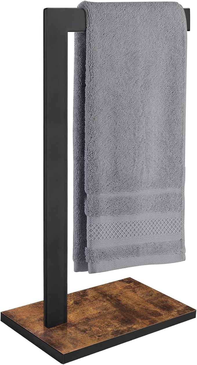 Hand Towel Holder for Bathroom, Hand Towel Stand with Wood Base, L-Shape Hand Towel Rack Height 13.85'' for Vanity Countertop, Kitchen Counter, (Rustic Brown-Square Base-L Shape)