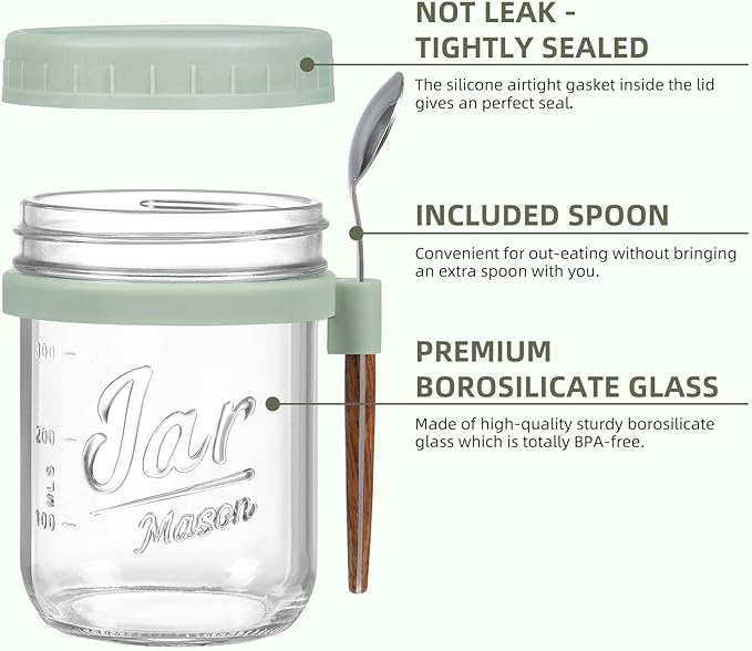 6 Pack Overnight Oats Containers with Lids and Spoons, 16 oz Glass Mason Overnight Oats Jars, Large Capacity Airtight Jars for Milk, Cereal, Fruit