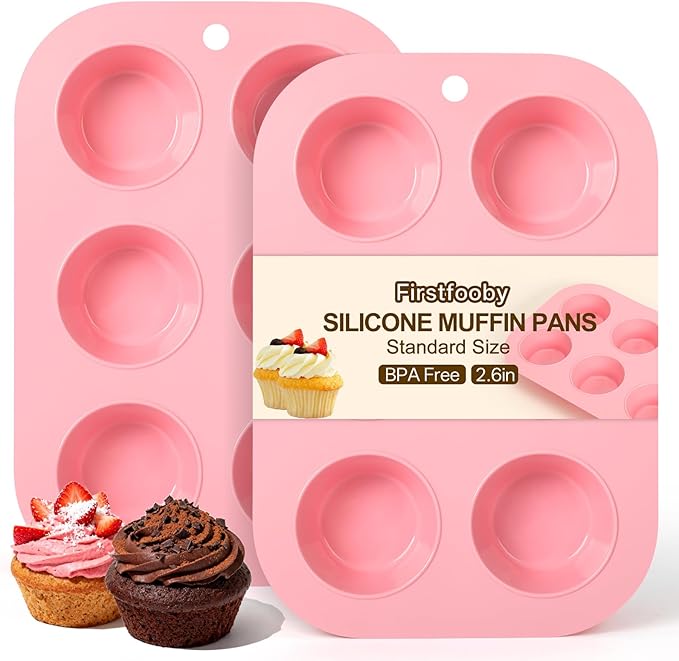 Firstfooby 2 Pack Silicone Muffin Pan for Baking, Regular Size Nonstick Cupcake Pan, 6-Cup Silicone Muffin Tin BPA Free Dishwasher Safe, Great for Muffin Cupcake Brownie Egg Tart