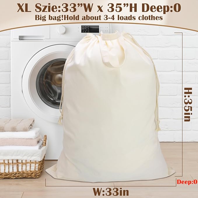 Canvas Laundry Bag 33"Wx 35"H, Thick Canvas Laundry Bag with Handles & Drawstring, Extra Large Heavy Duty Washable Basket Liner Hamper Liner Storage Sack (Beige XL, 2 Pack)