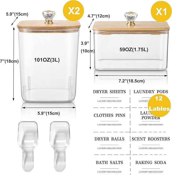 3 Pack Plastic Laundry Pods Container & Dryer Sheet Holder with Lids, Labels & Scoops - Laundry Powder Container for Laundry Room Organization and Storage