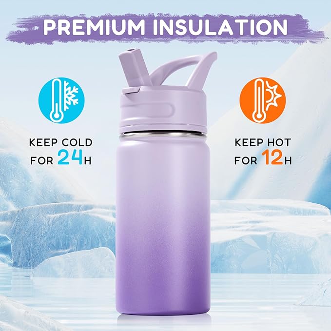 12oz Water Bottle for School, Bottles with Straws, Stainless Steel Vacuum Insulated Water Bottle, Leak-Proof, BPA-Free, Cherry + Lavender