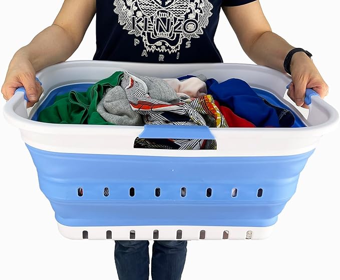 SAMMART 42L (11 gallon) Collapsible Plastic Laundry Basket - Foldable Pop Up Storage Container/Organizer - Space Saving Hamper/Basket (1, White/Little Boy Blue)