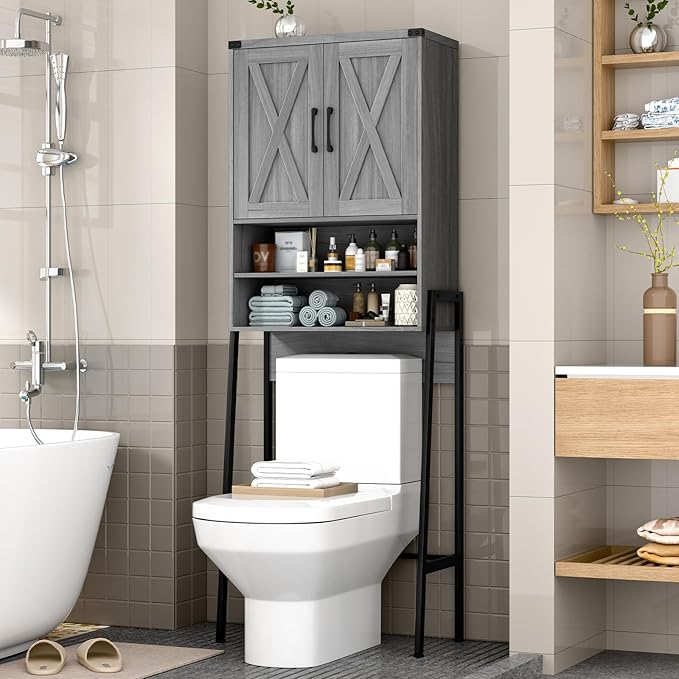 Vabches Over The Toilet Storage Cabinet, Farmhouse Over Toilet Storage Cabinet, Metal Frame with 2 Barn Doors, Home Space-Saving Toilet Rack for Bathroom, Toilet, Laundry Room.