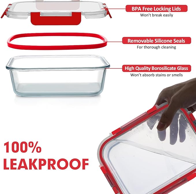VERONES 30 Pieces Glass Meal Prep Containers Set, Stackable Glass Food Storage Containers with Lids-Airtight Lunch Containers，for Microwave, Oven, Freezer & Dishwasher,Red