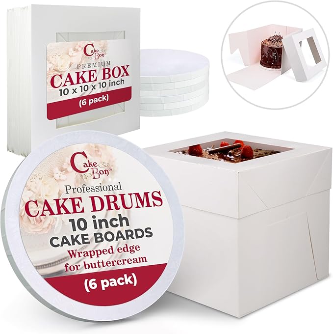 Cakebon Cake Box with Boards 8" White Round Wrapped Cake Drum 6Pack