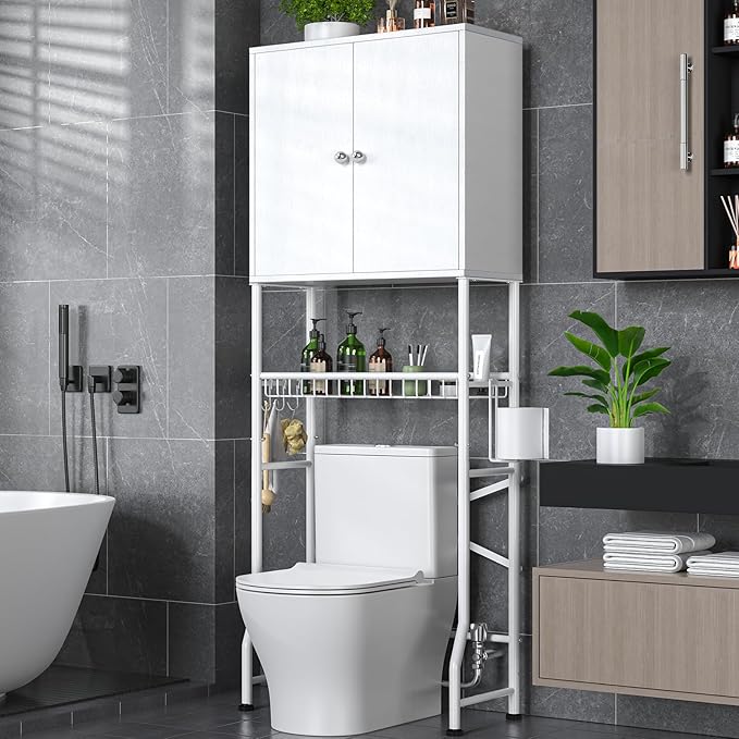 Over The Toilet Storage Cabinet - 2-Door Design Bathroom Organizers Shelf, Freestanding Space-Saver Above Toilet Storage Cabinet with Privacy Protection Rack, Water-Resistant Toilet Shelves (White)
