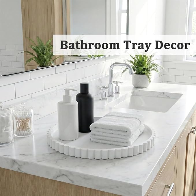 Silicone Bathroom Countertop and Vanity Tray-10 Inch Round Silicone Bathroom Tray, Modern Bathroom Decor, Coffee Table Decor, Decorative Tray for Candle, Perfume, Plants (White)
