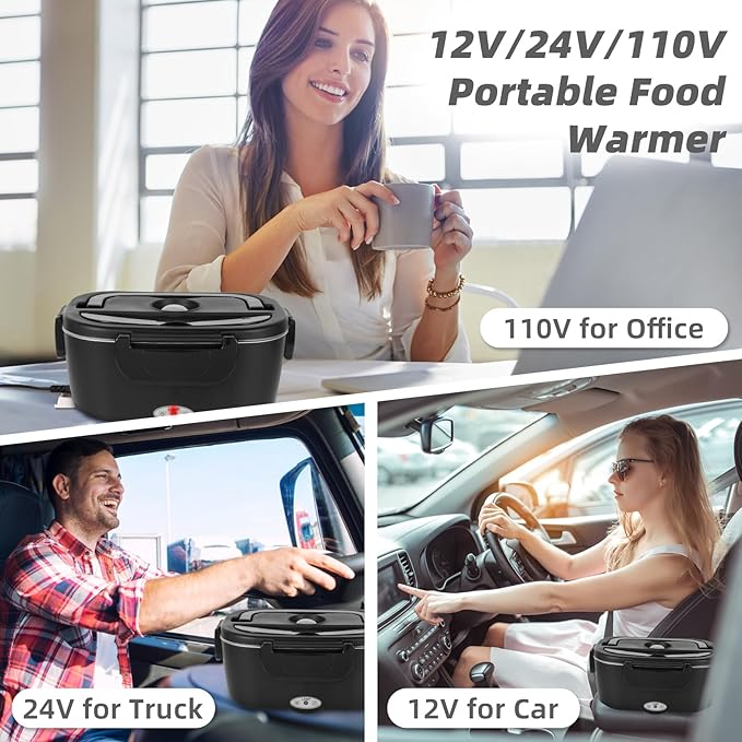 Electric Lunch Box, 12V/24V/110V Portable Food Warmer with SS Fork & Spoon for Car/Truck/Office, 80W Self Heating Lunch Box with 1.5L Container & 0.45L PP Fruit Box Matte Black