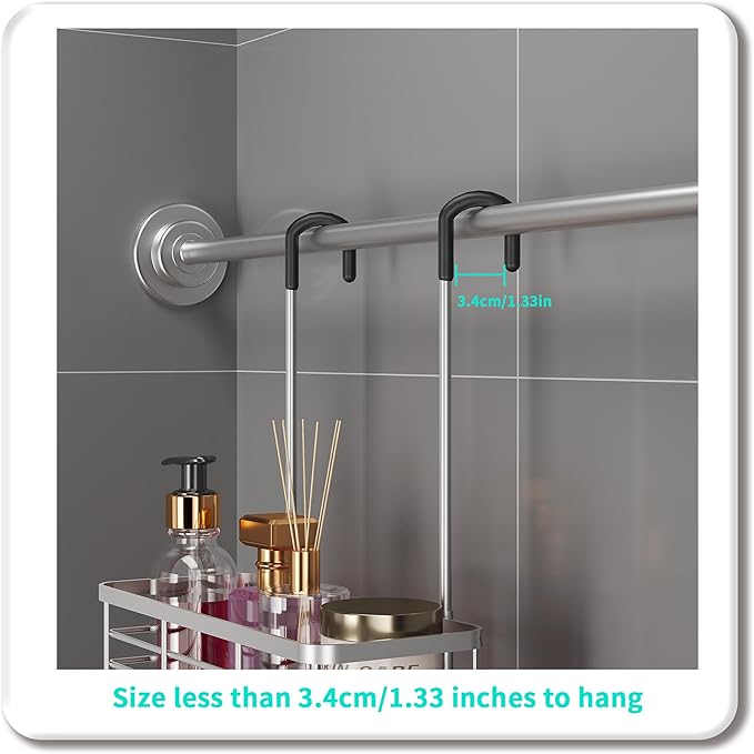 HapiRm Hanging Shower Caddy Organizer - No Drilling Shower Organizer with Hooks, Rustproof & Waterproof 304 Stainless Steel Bathroom Shelves - Silver