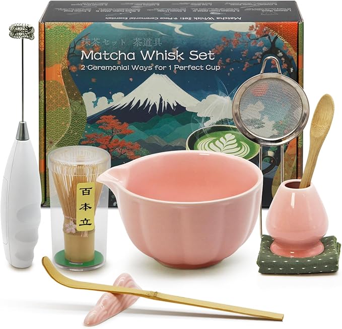 Matcha Whisk Set Incl. Ceramic Bowl With Spout, Whisk (Chasen), Stand, Bamboo Scoop, Sifter, Electric Frother, Tea Towel etc. 9 Pcs Matcha Making Starter Kit, Mottled Black