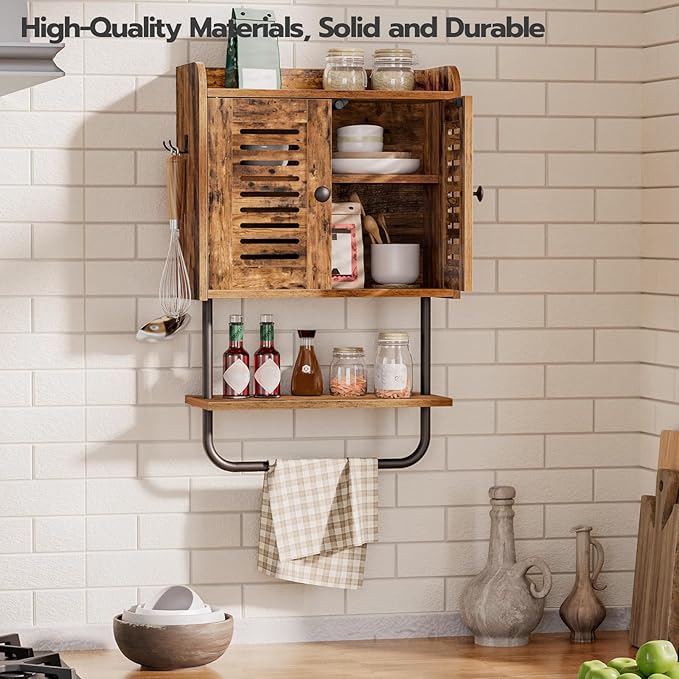 HOOBRO Bathroom Wall Cabinet, Double Doors Medicine Cabinet with Towel Bar, Adjustable Shelf, 2 Hooks, Over The Toilet Storage Cabinet, for Bedroom, Kitchen, Rustic Brown BF46CW01
