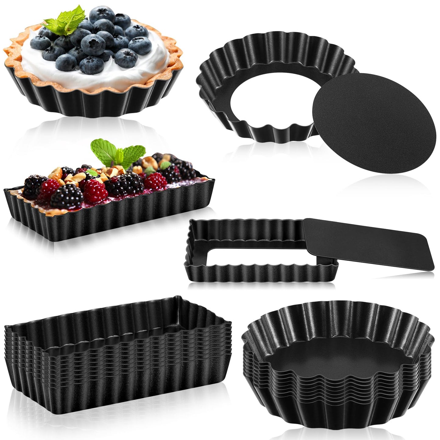 Tessco for you 16 Pcs Mini Tart Pans for Baking, Black Round and Rectangle