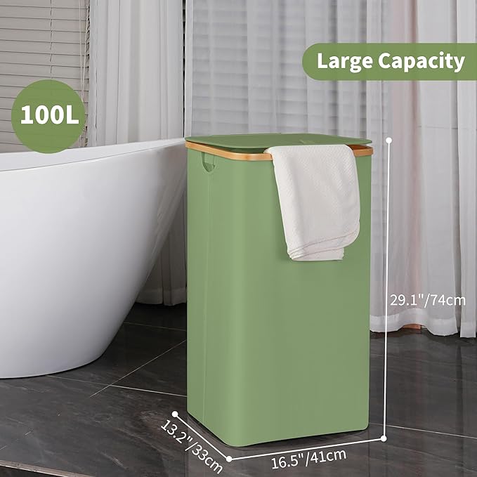 efluky 26 Gal Laundry Basket with Lid and Net Bag, Tall Laundry Hamper with Bamboo Handles, Aesthetic Dirty Clothes Bin for Laundry Room, Bathroom, Bedroom and Dorm, Green