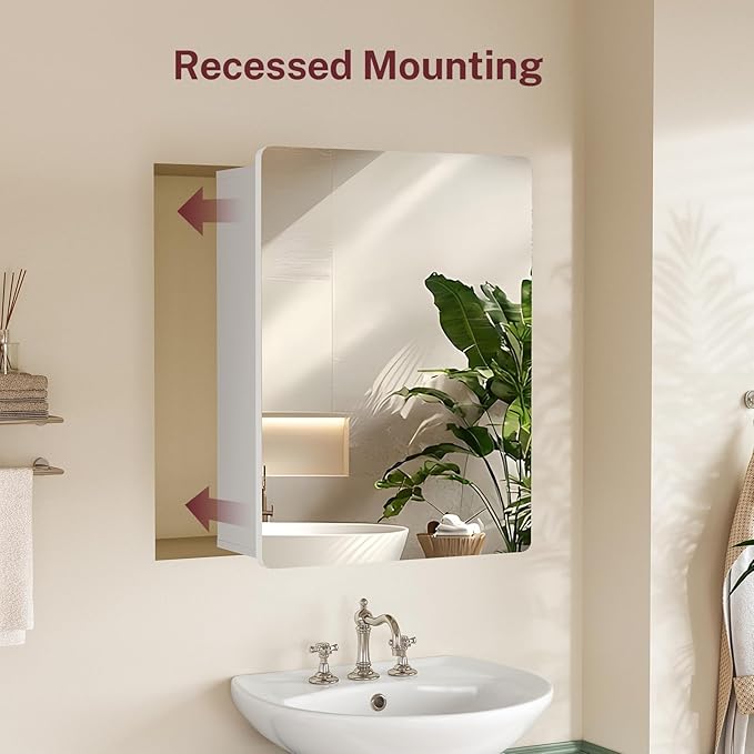 TEENFON Medicine Cabinet Mirror with 2 Adjustable Shelves, Bathroom Mirror with Storage, Recessed or Wall Mount Bathroom Cabinet, White UNGGX004W