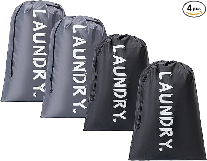 4 Pack XL Travel Laundry Bag, Machine Washable Dirty Clothes Organizer with Drawstring,Large Enough to Hold 4 Loads of Laundry, Easy Fit a Laundry Hamper or Basket Travel Essentials 24" x 36"