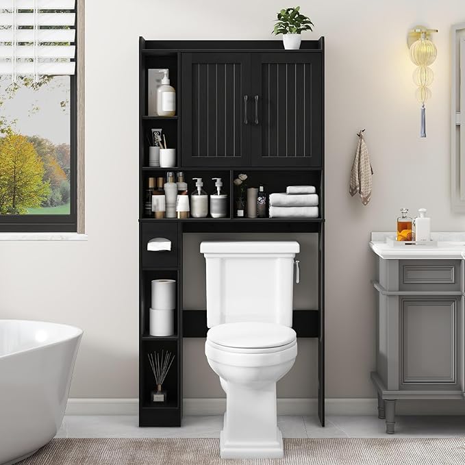 Vabches Over The Toilet Storage Cabinet, Farmhouse Storage Cabinet Over Toilet with Barn Door, Home Space-Saving Toilet Rack, for Bathroom, Restroom, Laundry（Black）.