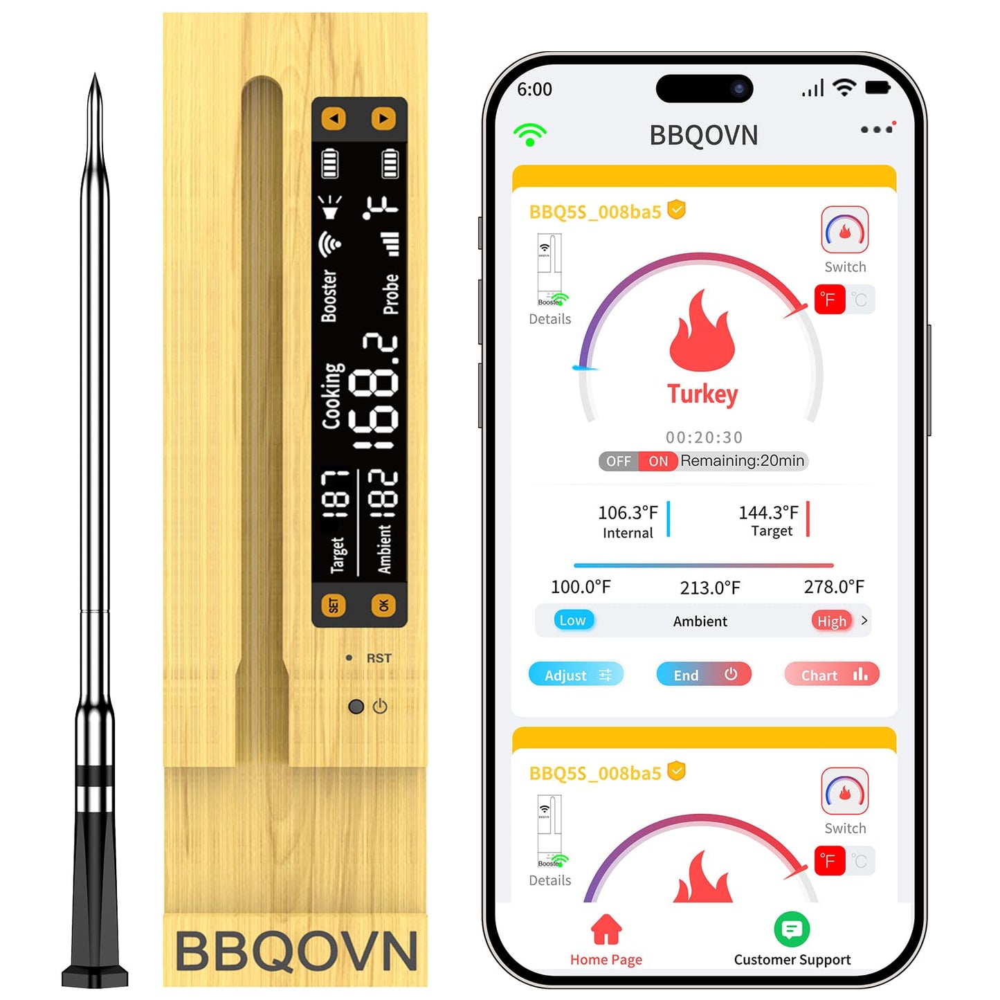 WiFi Sub-1G Wireless Meat Thermometer Unlimited Range 7 NIST Certified Sensors with Ambient Temp 2 Temp Monitoring Ways Digital Smart Base and App for BBQ, Smoker, Grill, Oven