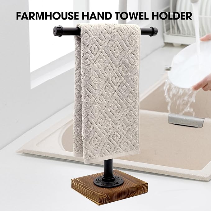 Hand Towel Holder, T-Shape Height 13'' Black Hand Towel Holder Stand, Free Standing Hand Towel Holder for Bathroom Countertop, Rustic Brown, TH006