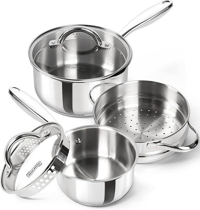 MICHELANGELO 6-Piece Stainless Steel Pot Set, 1QT, 2QT & 3QT