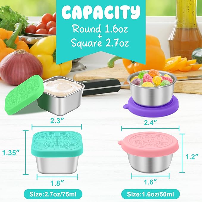 6PCS Salad Dressing Container to Go, Leakproof Reusable Stainless Steel small container with lid,Sauce Containers for Lunch box,Picnics,Travel,Office and Meal Prep-1.6+2.7 Sets