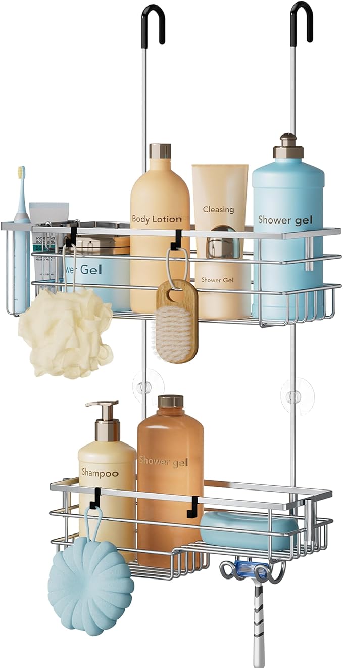 HapiRm Hanging Shower Caddy Organizer - No Drilling Shower Shelves with Hooks and Toothbrush Holder, Rustproof 304 Stainless Steel Bathroom Organizer - Silver