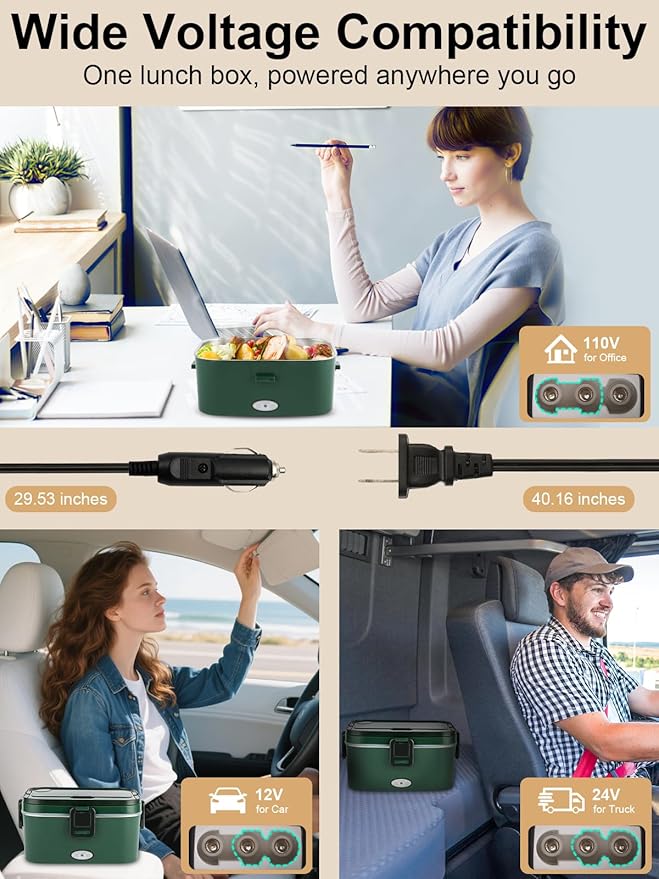 1.8L Heated Lunch Box, 80W Electric Lunch Box with Long-handled Utensils for Adults, 12V/24V/110V Lonchera Eléctrica Portátil, Portable Food Warmer for Car/Truck/Office (Green)